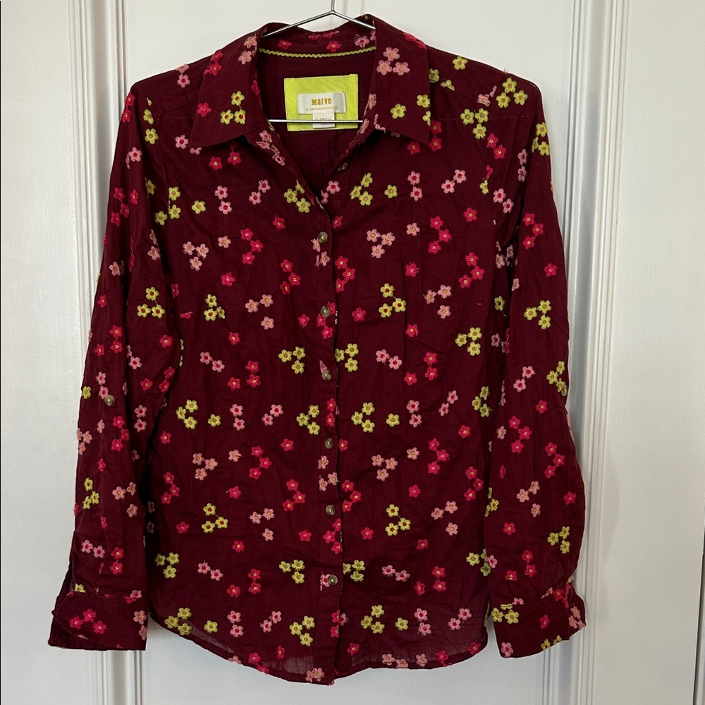 Maeve by Anthropology Burgundy Floral Button-Down Shirt